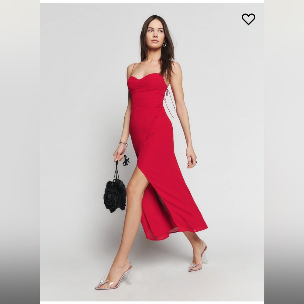 Reformation Red Midi Slip Kourtney Dress with Side Slit